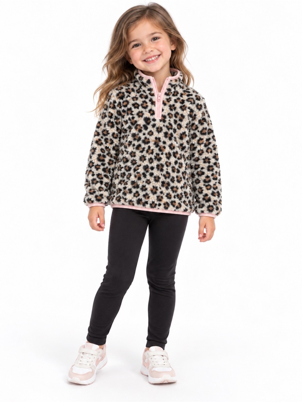Jumping Beans Girls 5 Leopard Print Sherpa Quarter Zip Fleece